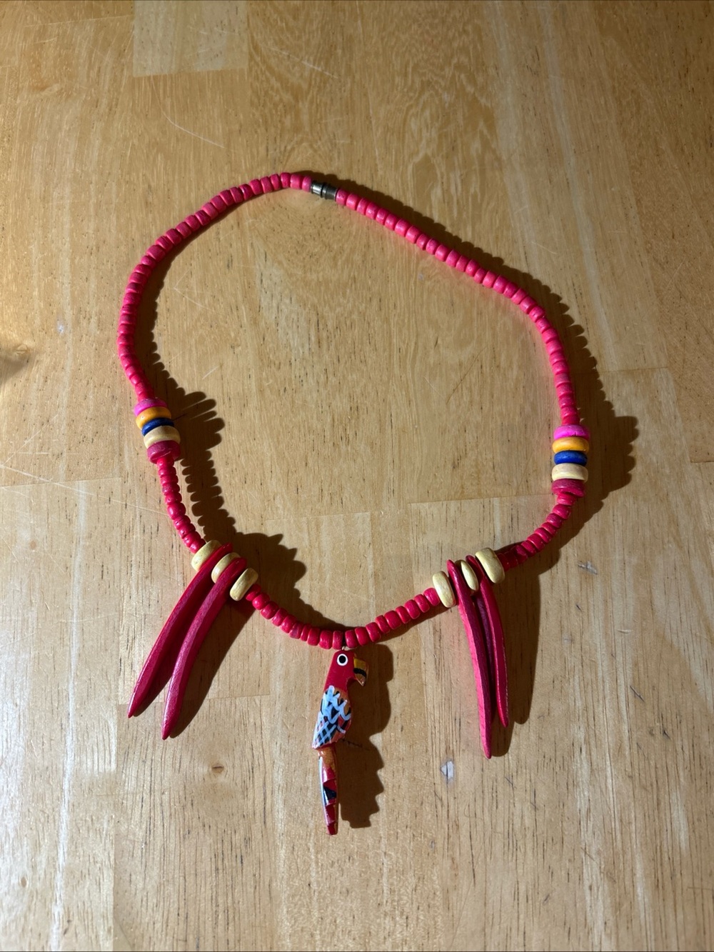 Vintage Hand Painted Wooden Parrot Necklace Red Beaded Tropical Boho Statement
